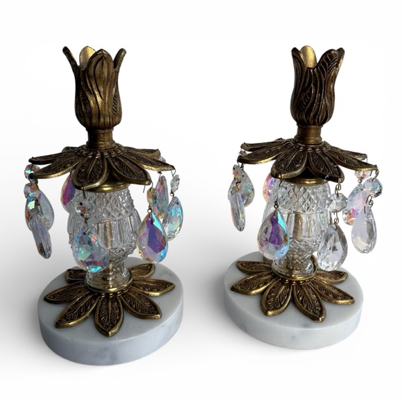 Vintage Brass Crystal Teardrop Candleholders Marble Base French Style Pair 2